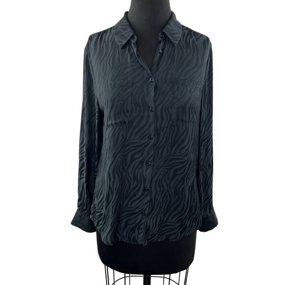 David Lerner EVEREVE Black S Top Zebra Print Button Up Collared Long Sleeve Fit - Picture 1 of 7